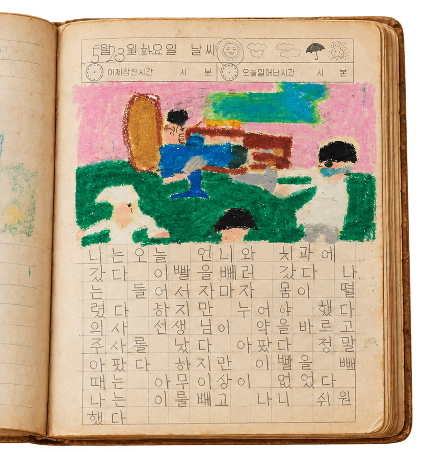 오래된 노트에 펼쳐진 어린 시절 그림일기 시안